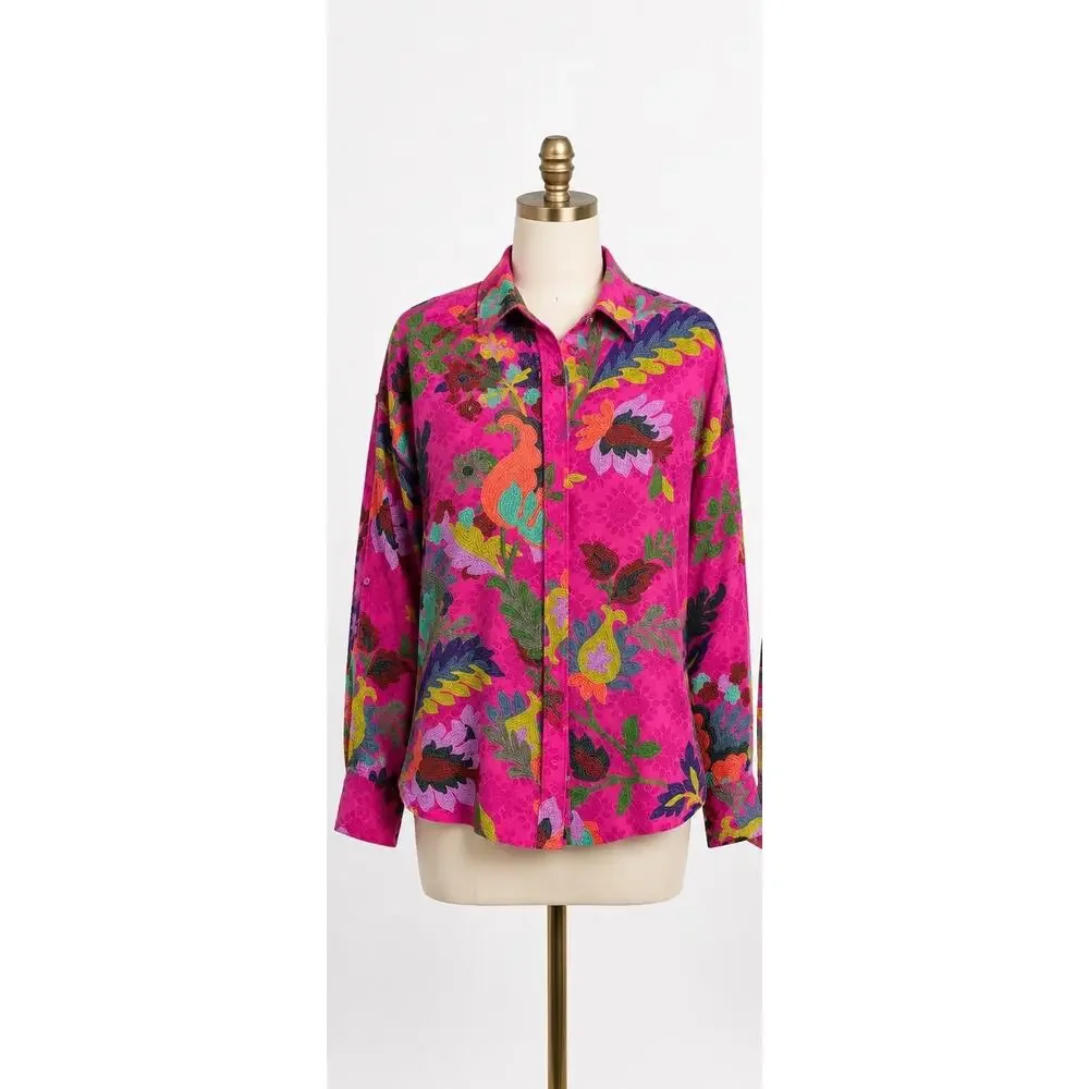 Johnny Was Martijn Shirt Verney Pink Vibrant Silk Button Upsize Medium